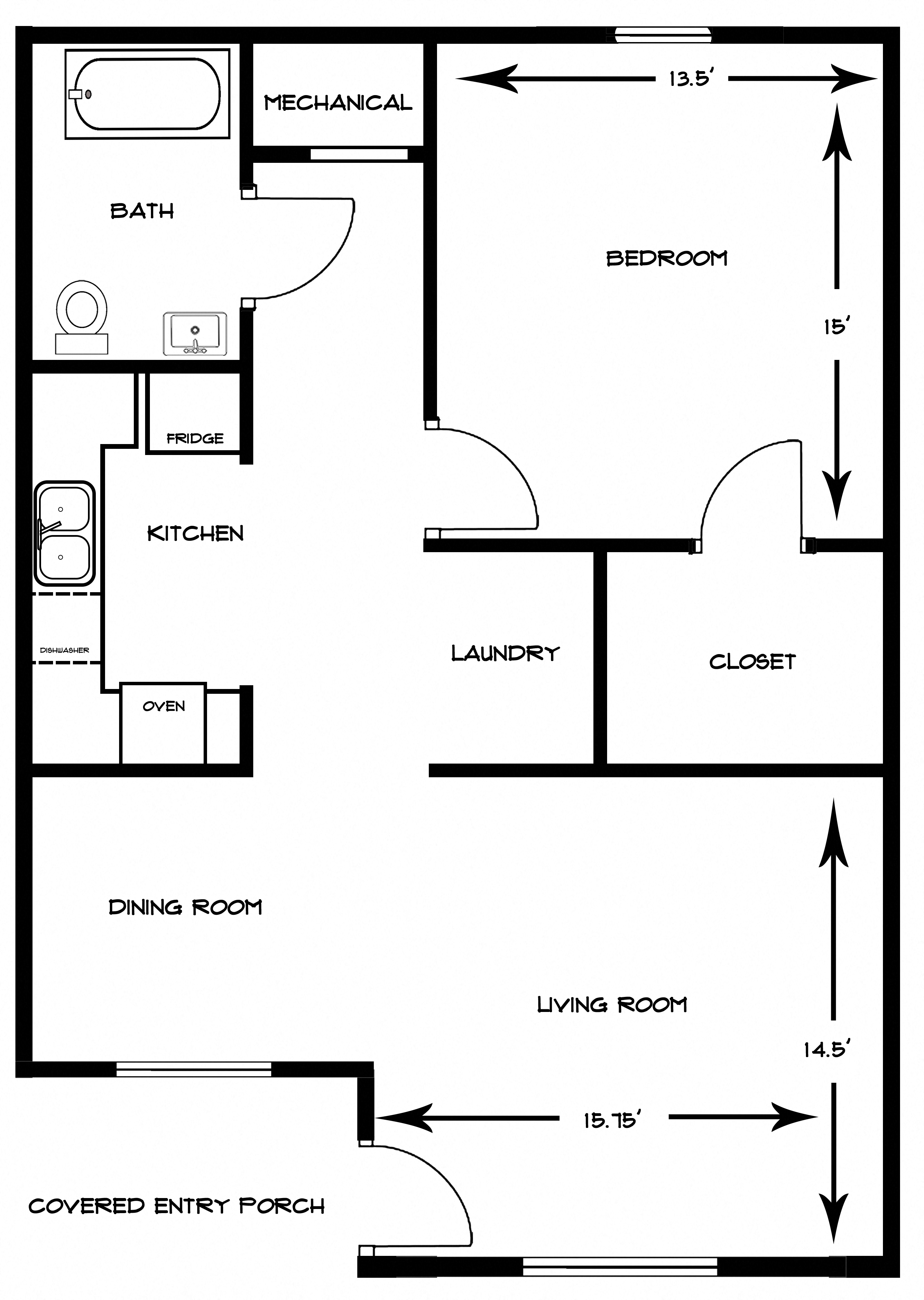 Floor plan for 1 bed, 1 bath, 921 sqft